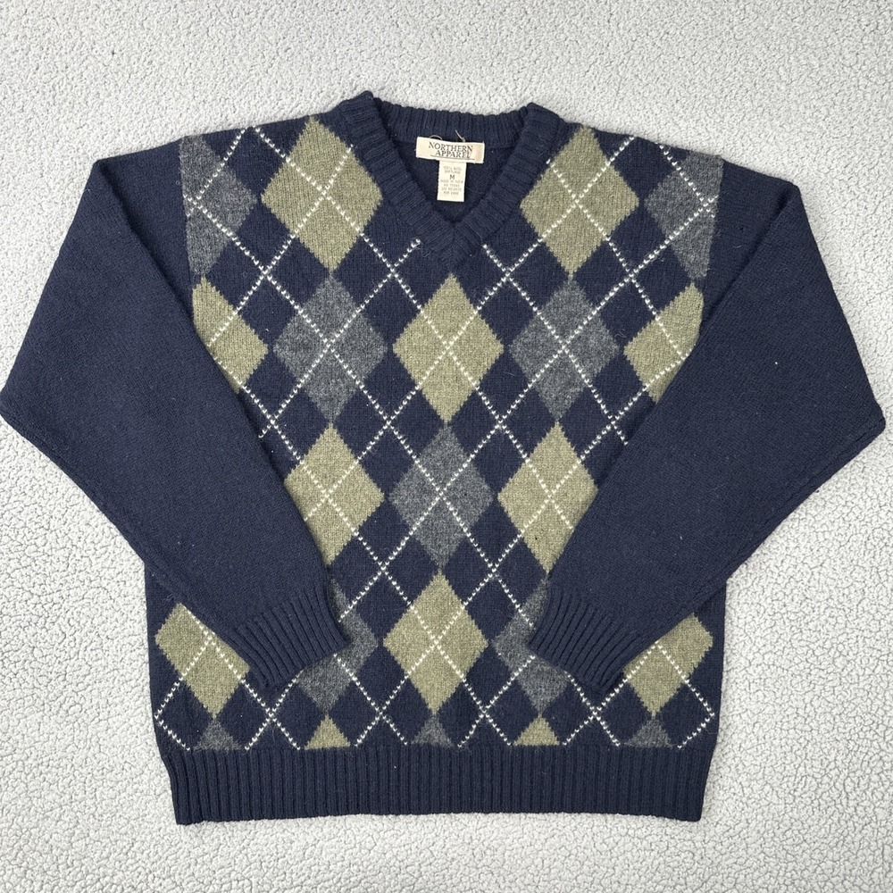 Vtg Northern Apparel 100% Wool Sweater Men Medium Blue Argyle Grandpa